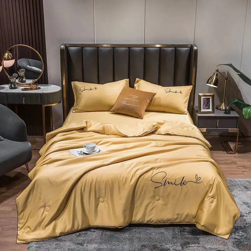 Conjunto de colcha em seda lavada a 100% — Design bordado respirável, construção leve
