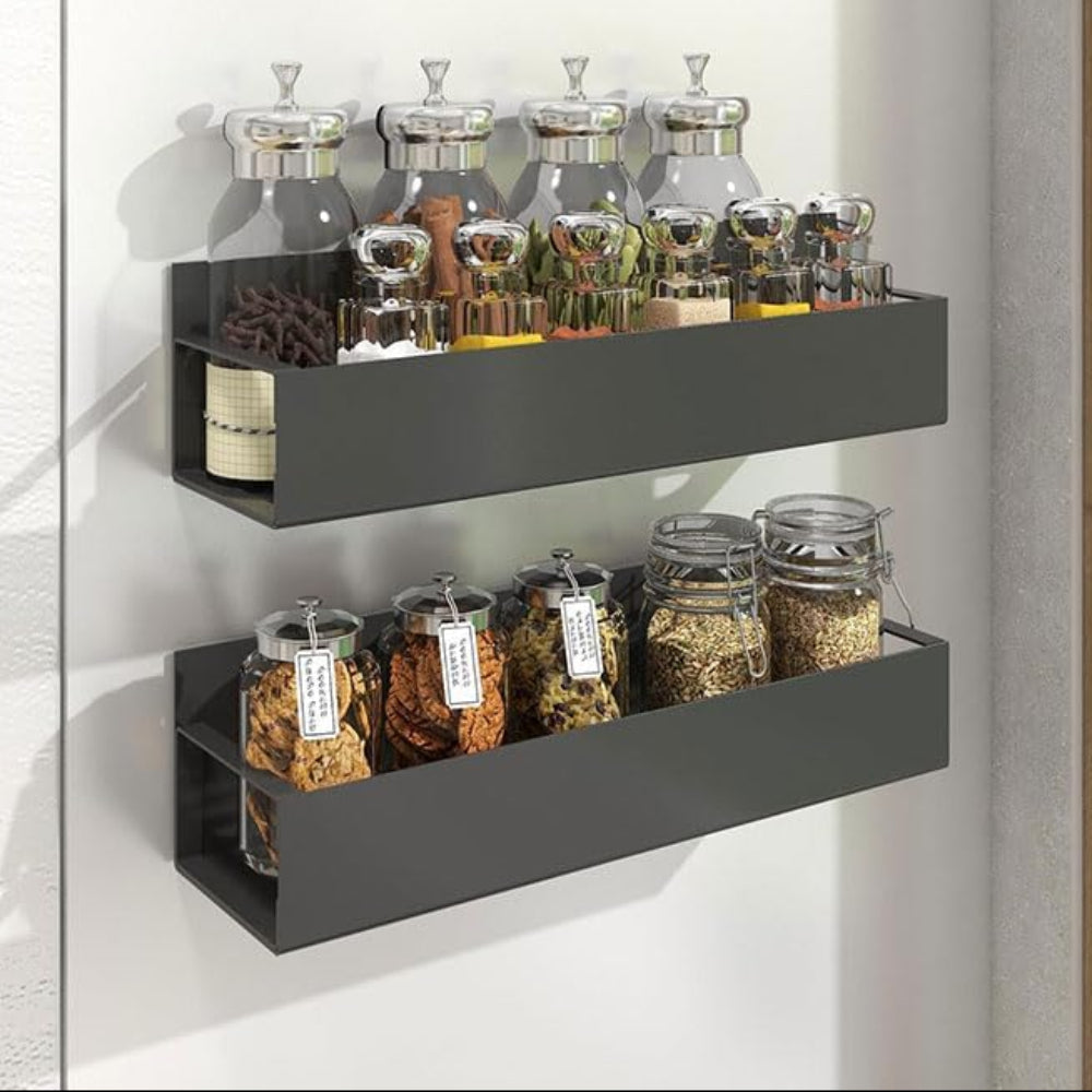 Slim Magnetic Refrigerator Spice Rack — Flat Steel Organizer Shelf, Reinforced Backing Magnets