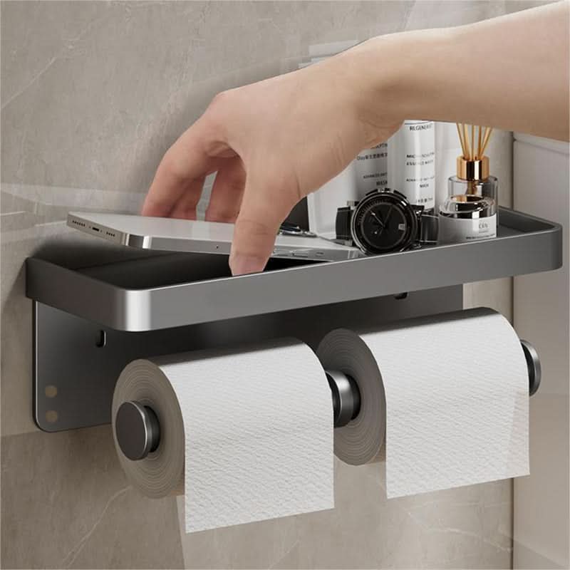 Suport de hârtie igienică din aluminiu montat pe perete, cu sertar de depozitare | meowbutter