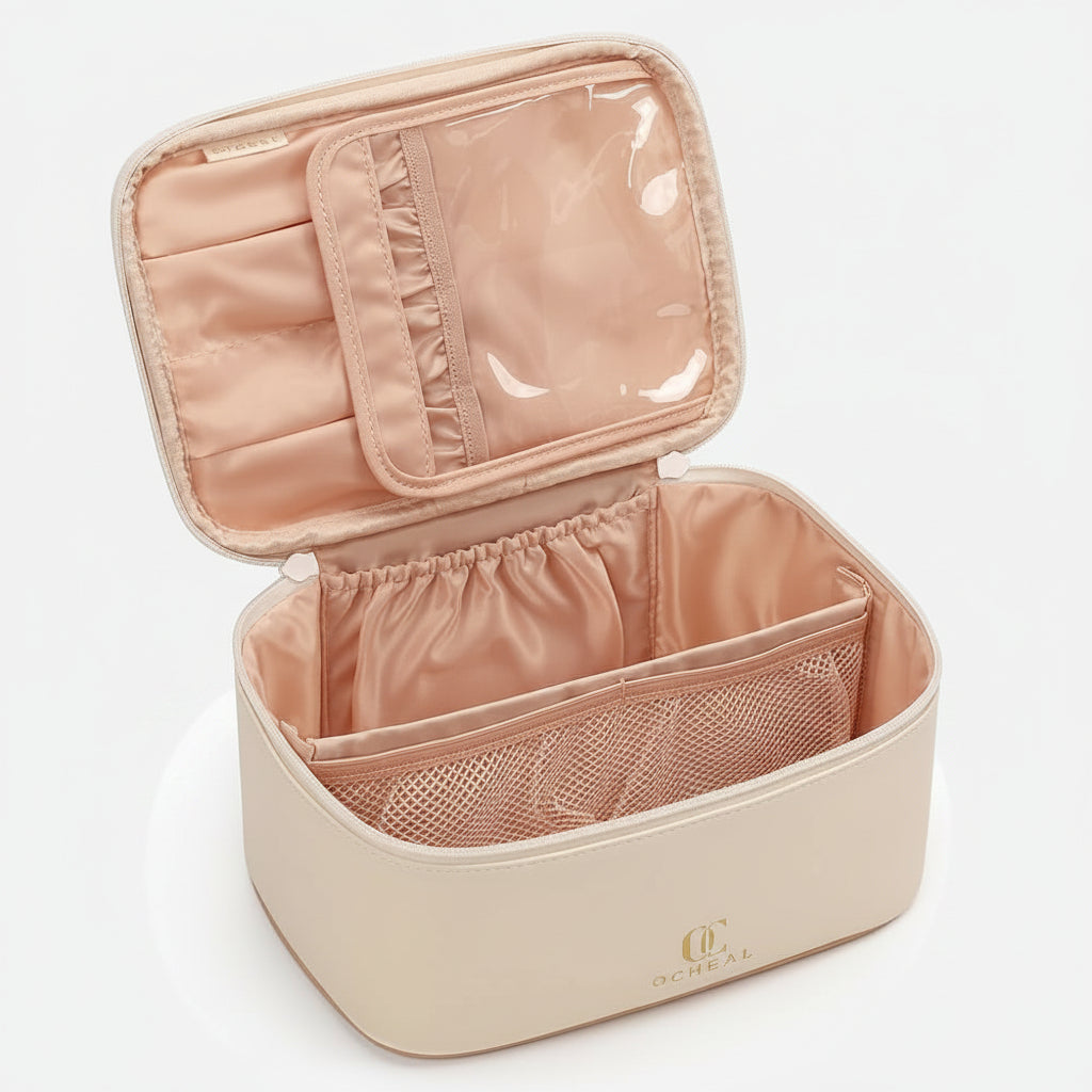 Borsa per trucchi in pelle sintetica impermeabile con interno in nylon e organizer