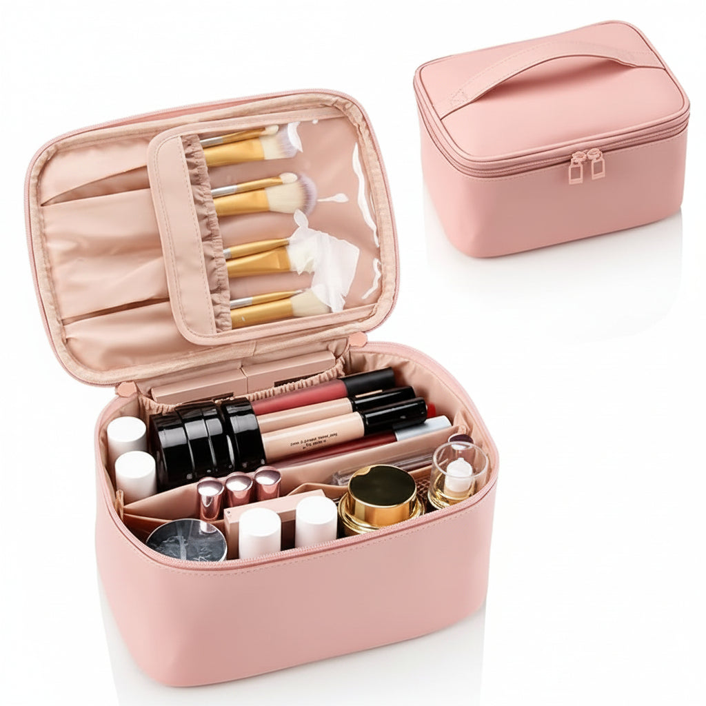 Borsa per trucchi in pelle sintetica impermeabile con interno in nylon e organizer