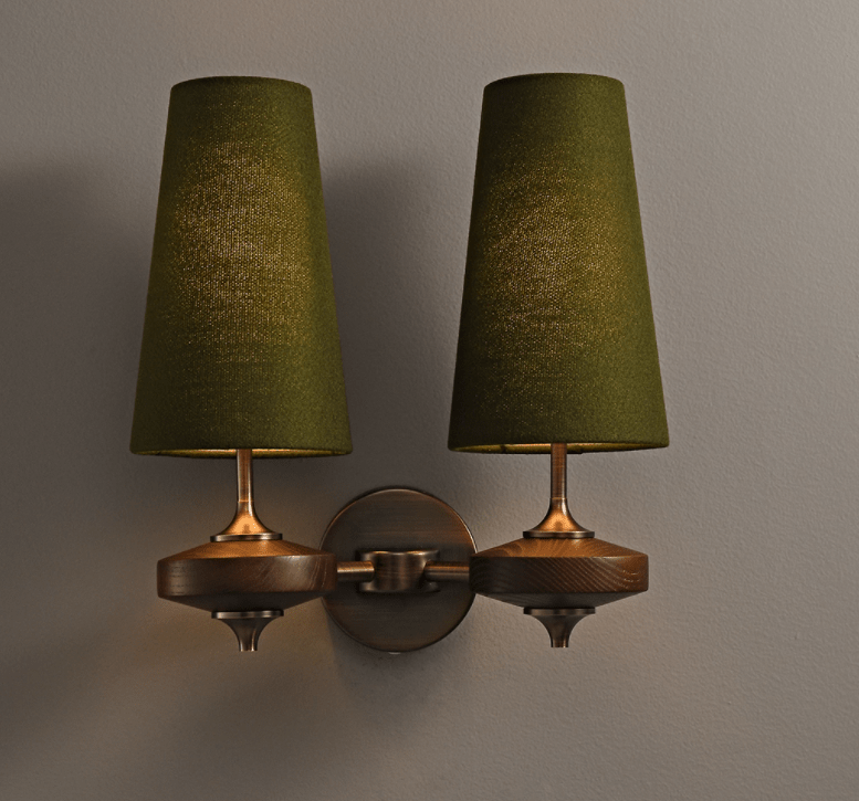 Væglampe med træfinish i mid-century modern stil med to skærme