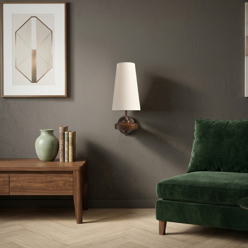 Væglampe med træfinish i mid-century modern stil med to skærme