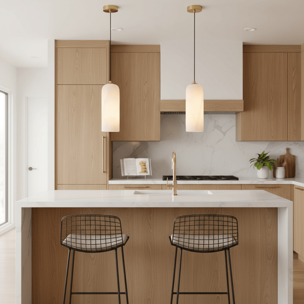 Alabasterfarbene Messing-Hängeleuchte, Mid-Century-Stil, höhenverstellbar
