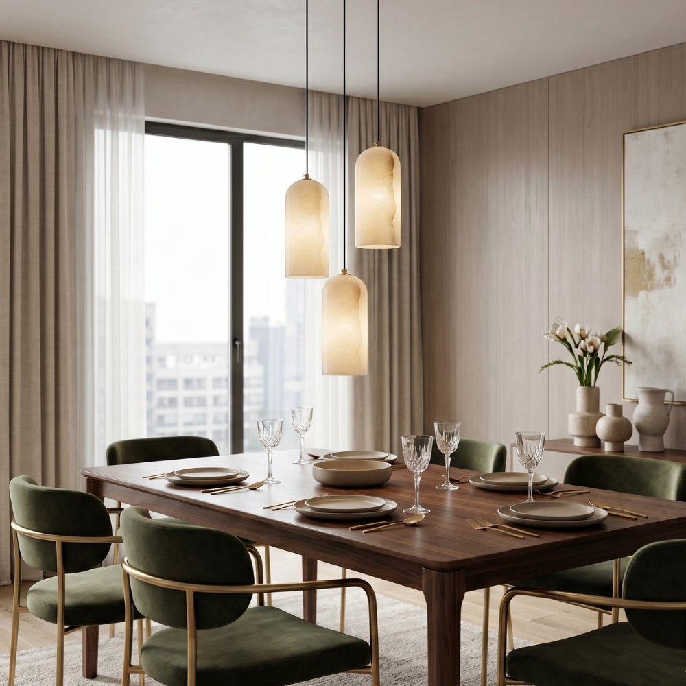 Alabasterfarbene Messing-Hängeleuchte, Mid-Century-Stil, höhenverstellbar