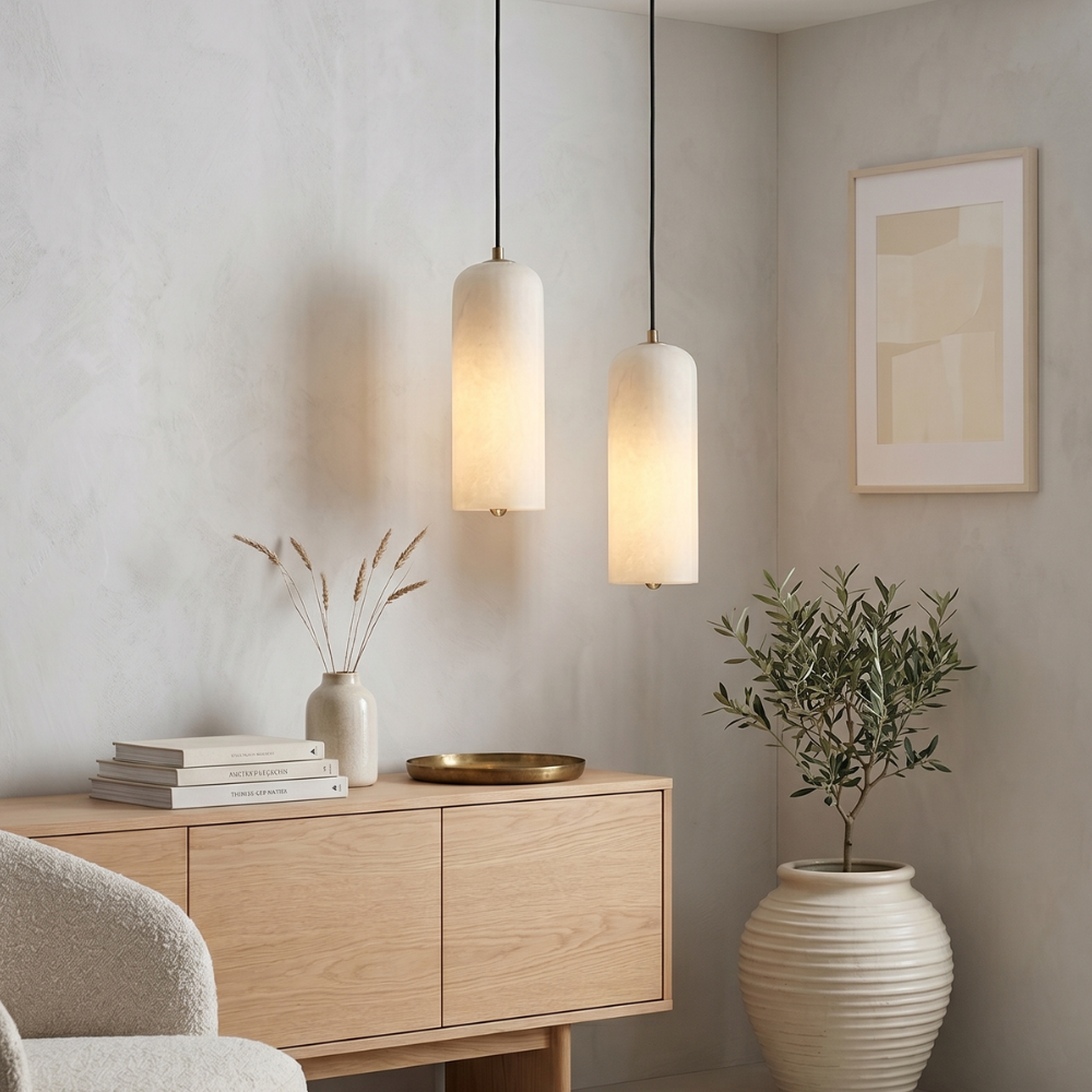 Alabasterfarbene Messing-Hängeleuchte, Mid-Century-Stil, höhenverstellbar