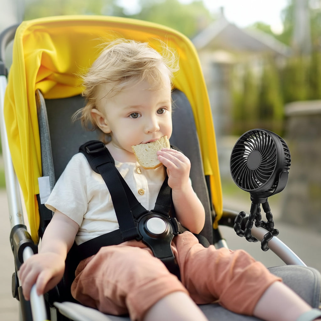 Stolní ventilátor na kočárek na baterie — kompaktní bezdrátové provedení