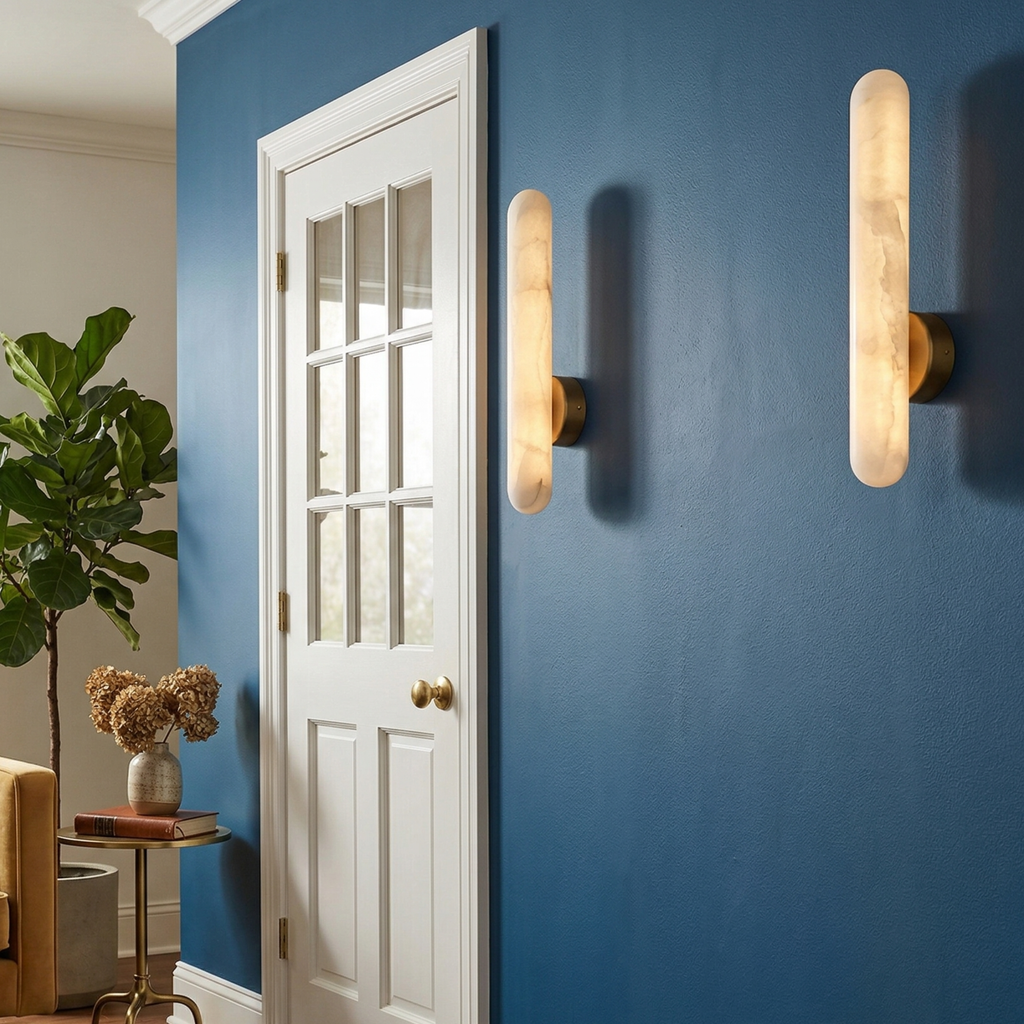 Aplique de pared elegante con LED de alabastro y acabado en latón