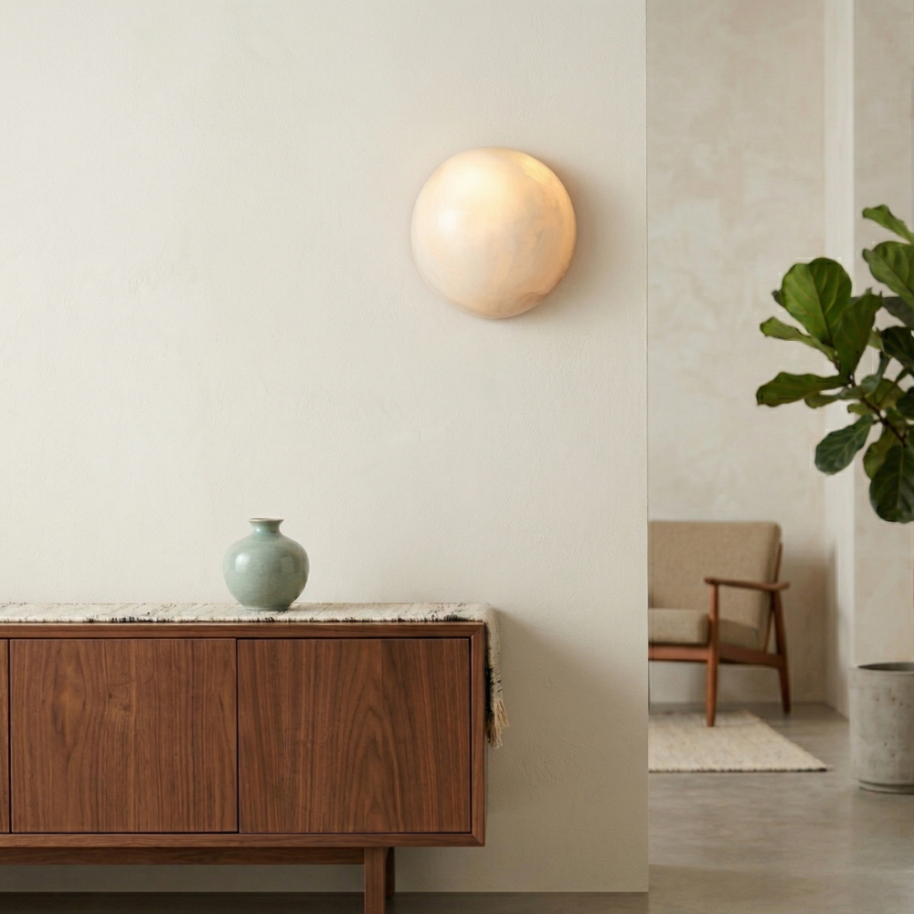 Alabaster minimalistisk væglampe med blødt skær og metalfinish