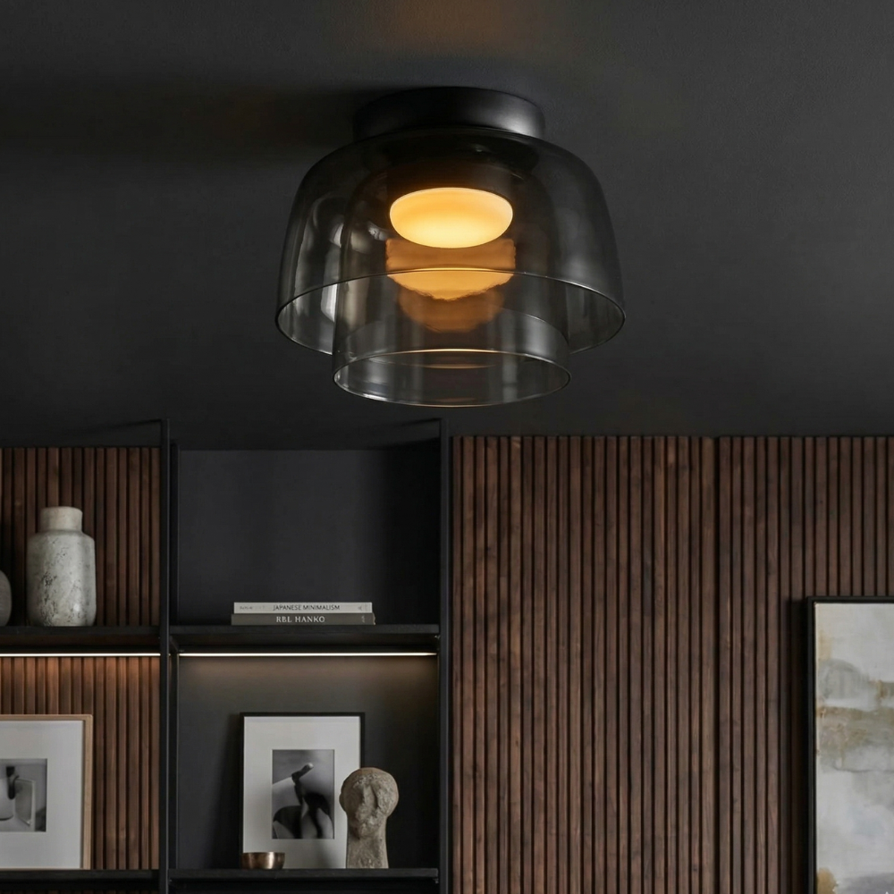 Røget glas loftslampe med integreret LED i minimalistisk stil