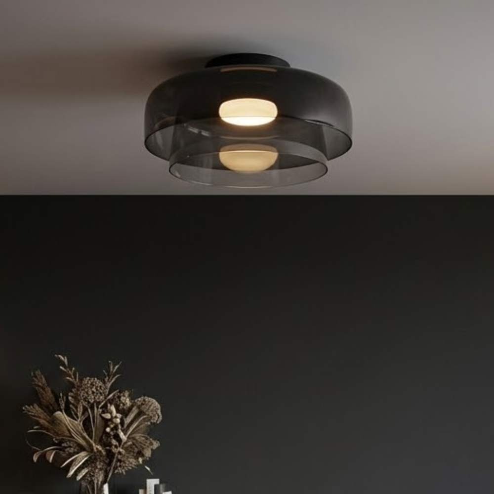 Røget glas loftslampe med integreret LED i minimalistisk stil
