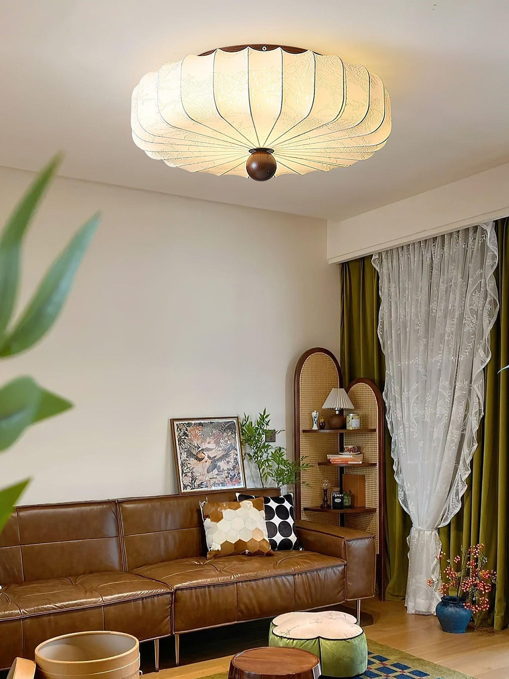 Plafonnier en bois et tissu avec LED intégrée, style minimaliste