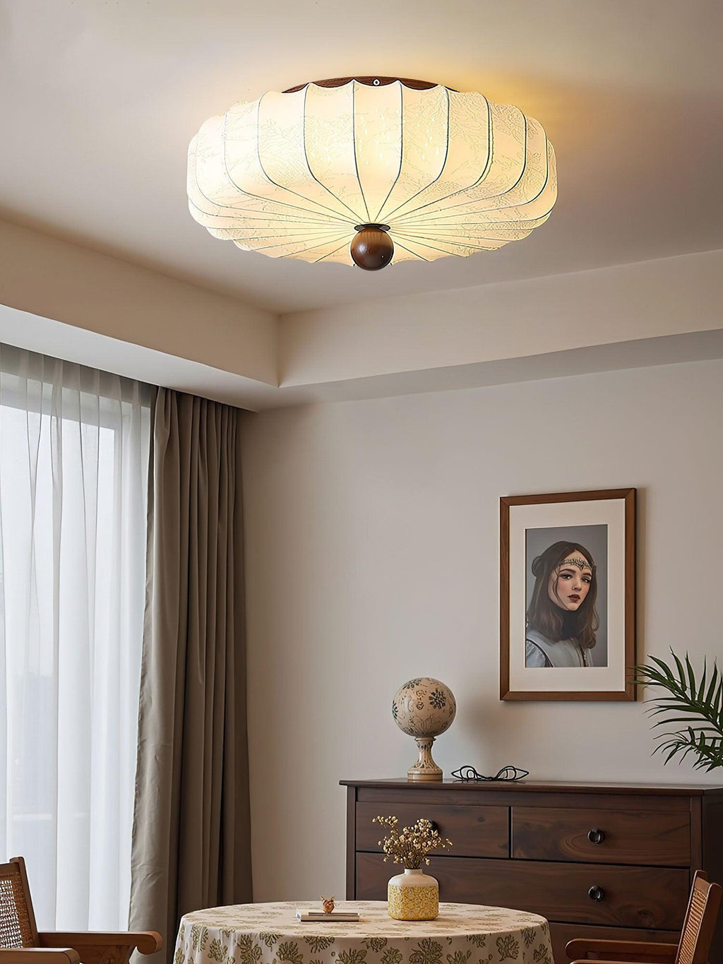 Plafonnier en bois et tissu avec LED intégrée, style minimaliste