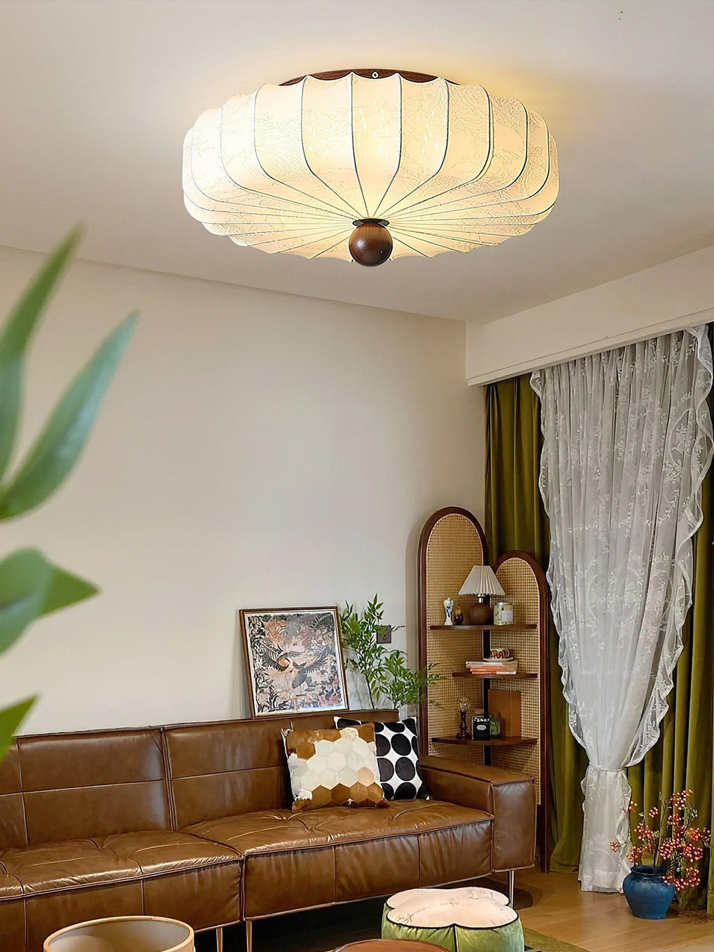 Plafonnier en bois et tissu avec LED intégrée, style minimaliste