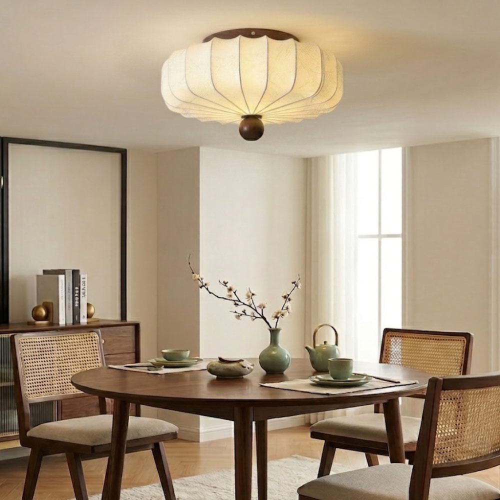 Plafonnier en bois et tissu avec LED intégrée, style minimaliste