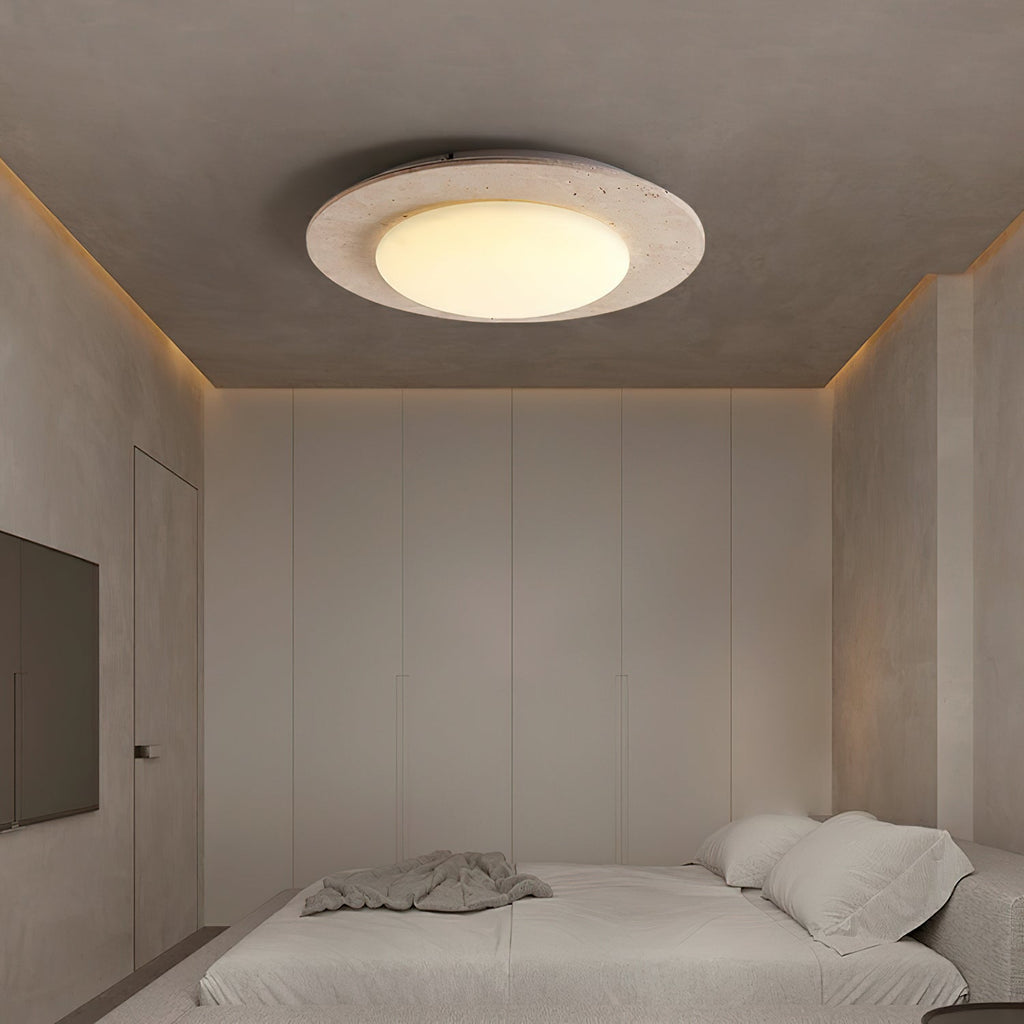 Minimalistische gele travertijn en massief houten LED-plafondlamp
