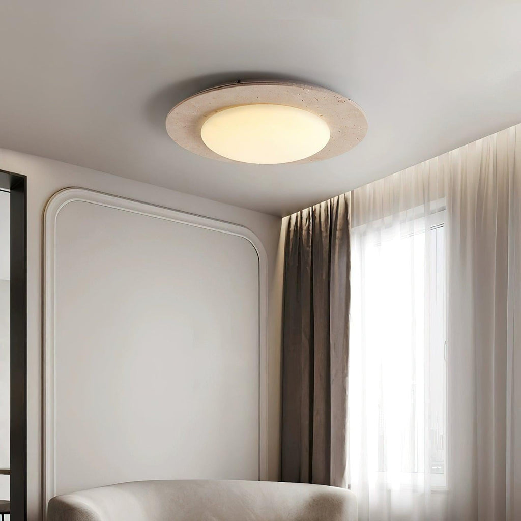 Minimalistische gele travertijn en massief houten LED-plafondlamp