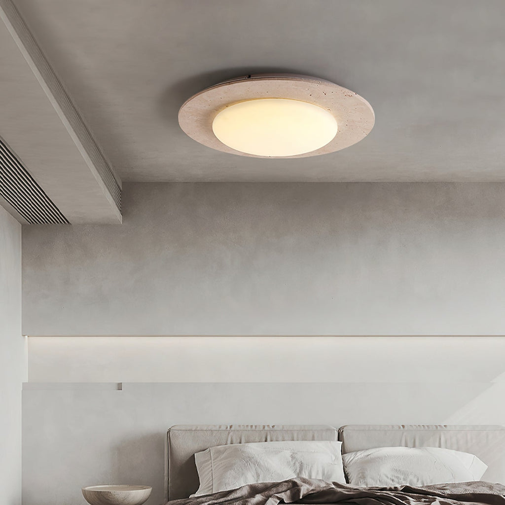 Minimalistische gele travertijn en massief houten LED-plafondlamp