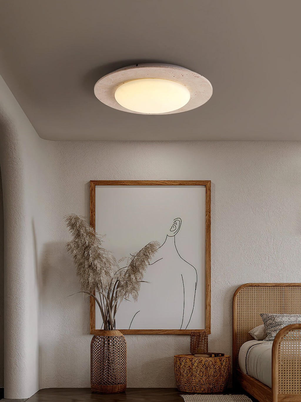Minimalistische gele travertijn en massief houten LED-plafondlamp