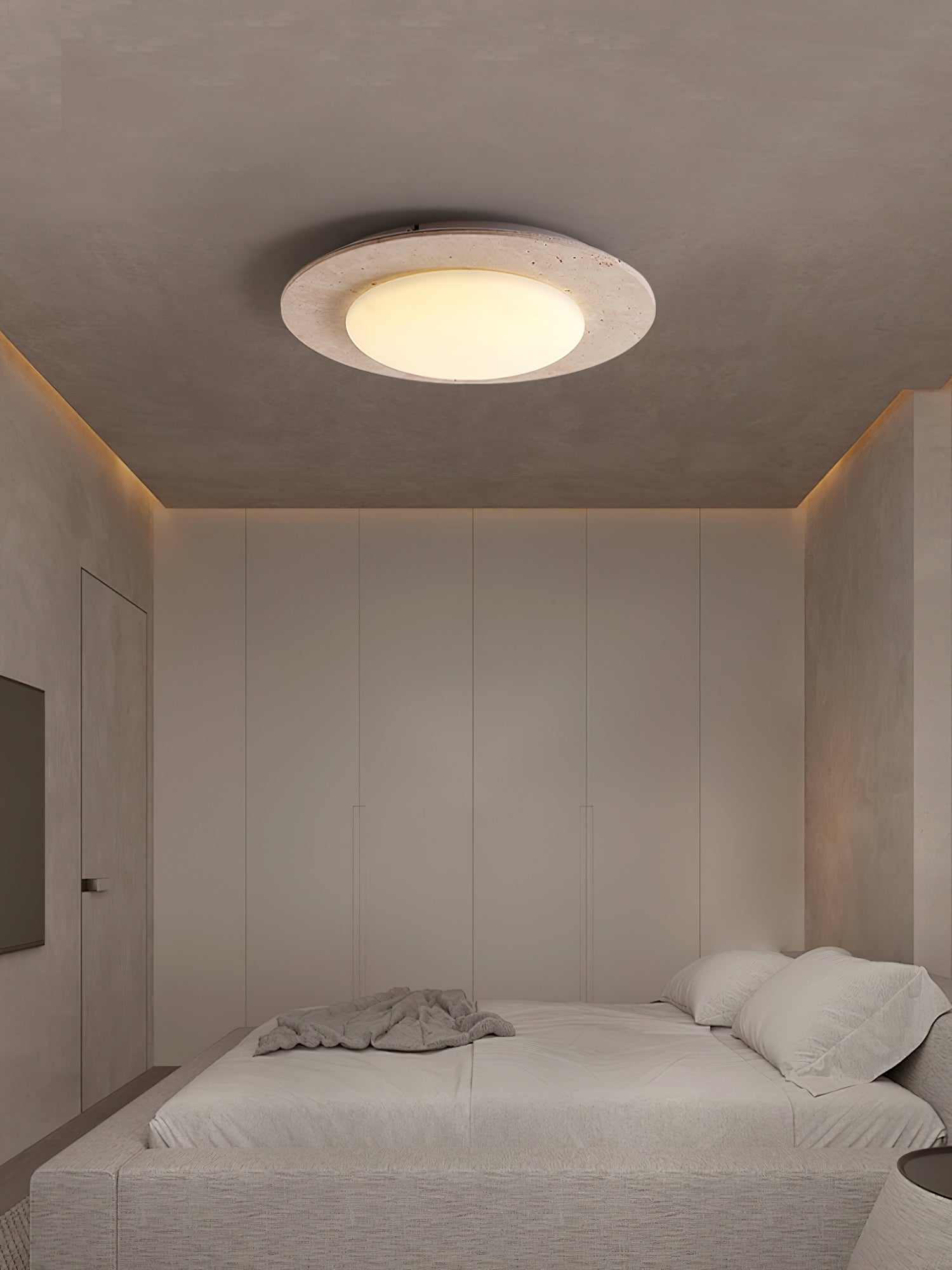 Minimalistische gele travertijn en massief houten LED-plafondlamp