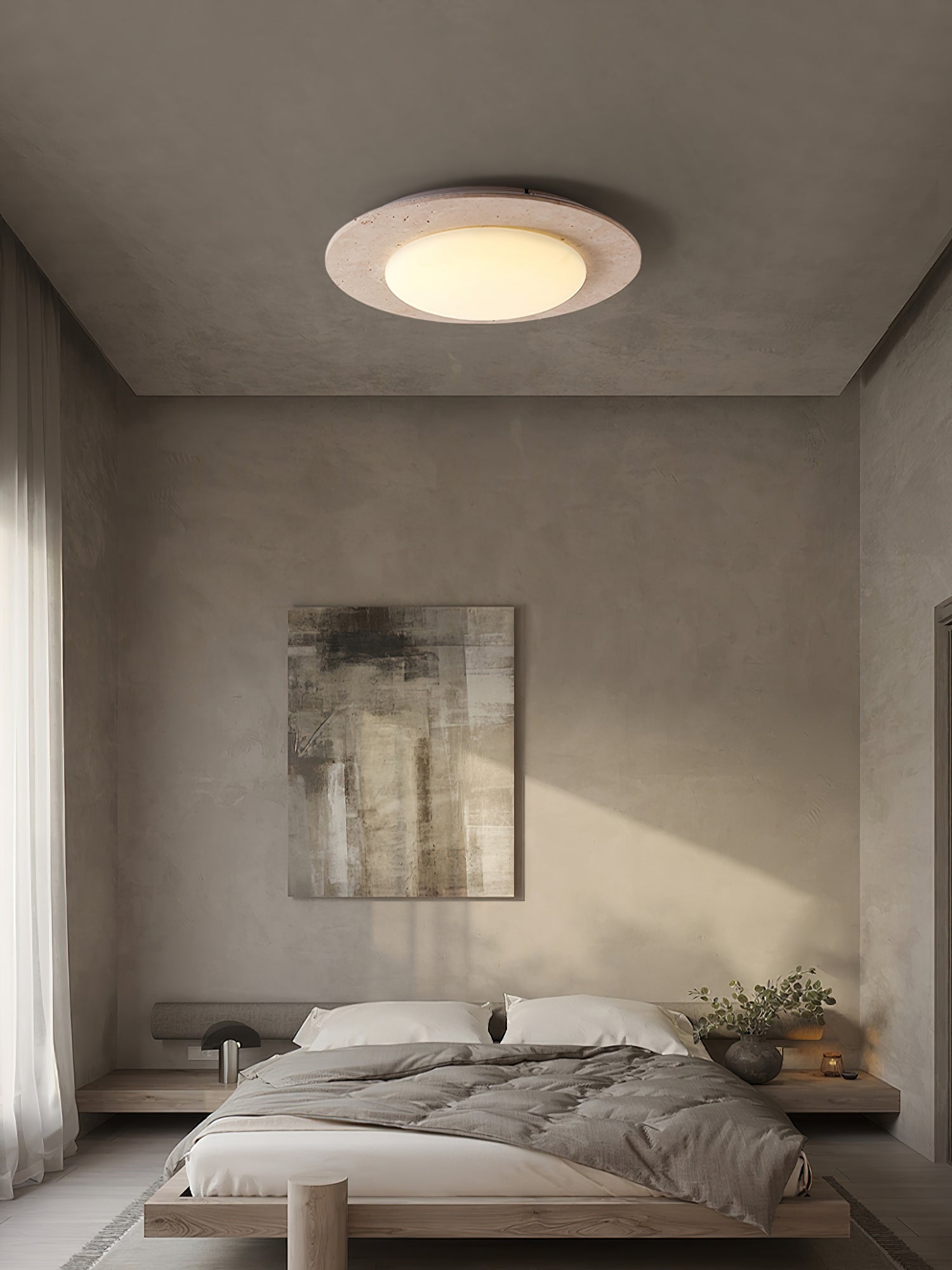 Minimalistische gele travertijn en massief houten LED-plafondlamp
