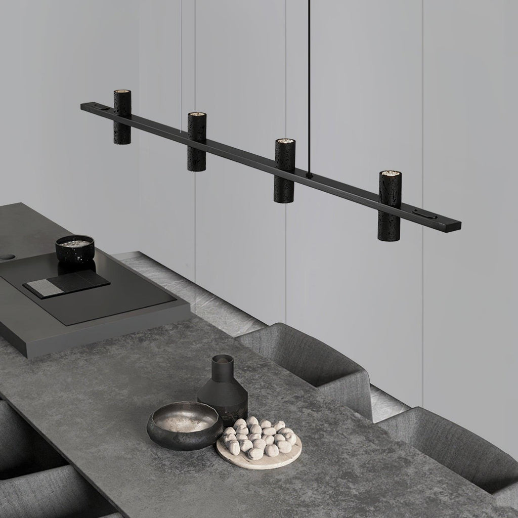 Minimalist Chandelier With Black Travertine Pillars And Copper Accent