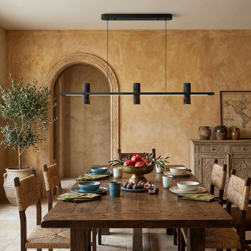 Minimalist Chandelier With Black Travertine Pillars And Copper Accent