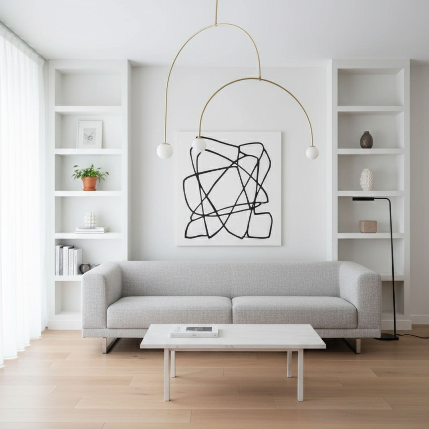 Adjustable Minimalist Chandelier With Patinated Brass And Opaline Glass