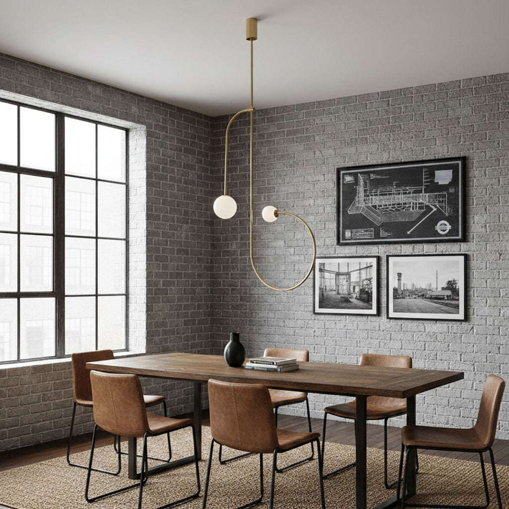 Adjustable Minimalist Chandelier With Patinated Brass And Opaline Glass