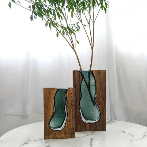 Glass Vase With Wood Finish In Natural Tone For Minimalist Decor