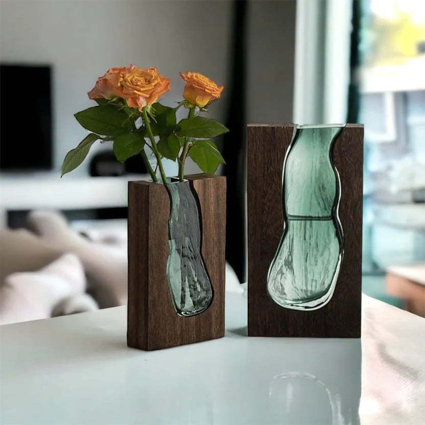 Glass Vase With Wood Finish In Natural Tone For Minimalist Decor