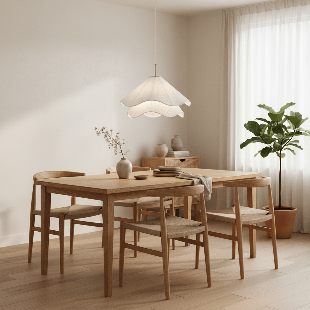 Modern Pendant Light With White Fabric Shade And Adjustable Height