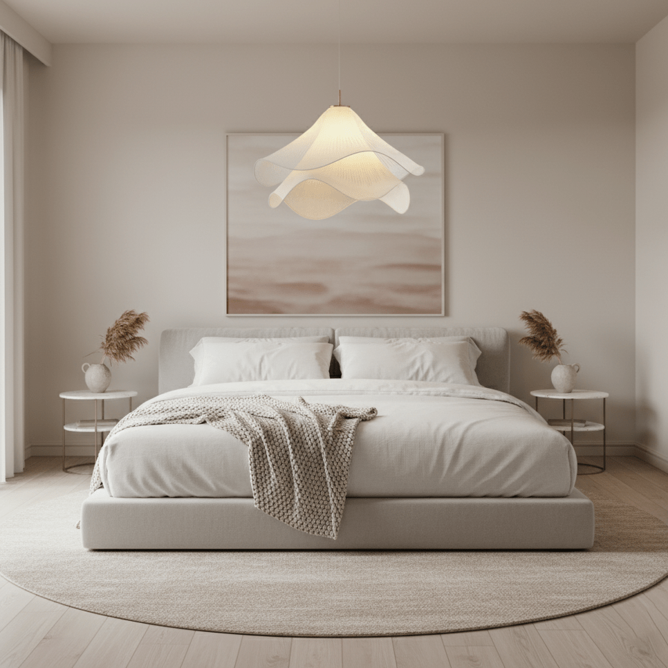 Modern Pendant Light With White Fabric Shade And Adjustable Height