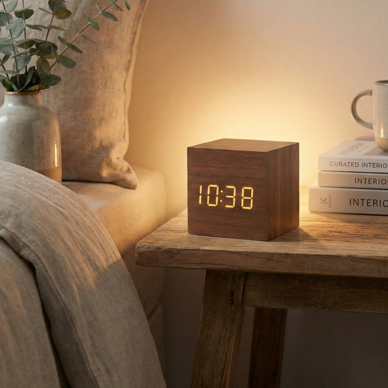Wooden Alarm Clock With Sunrise Feature And LED Display