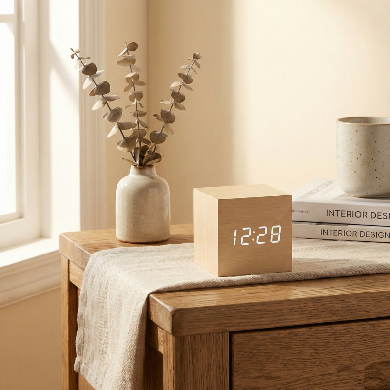 Wooden Alarm Clock With Sunrise Feature And LED Display