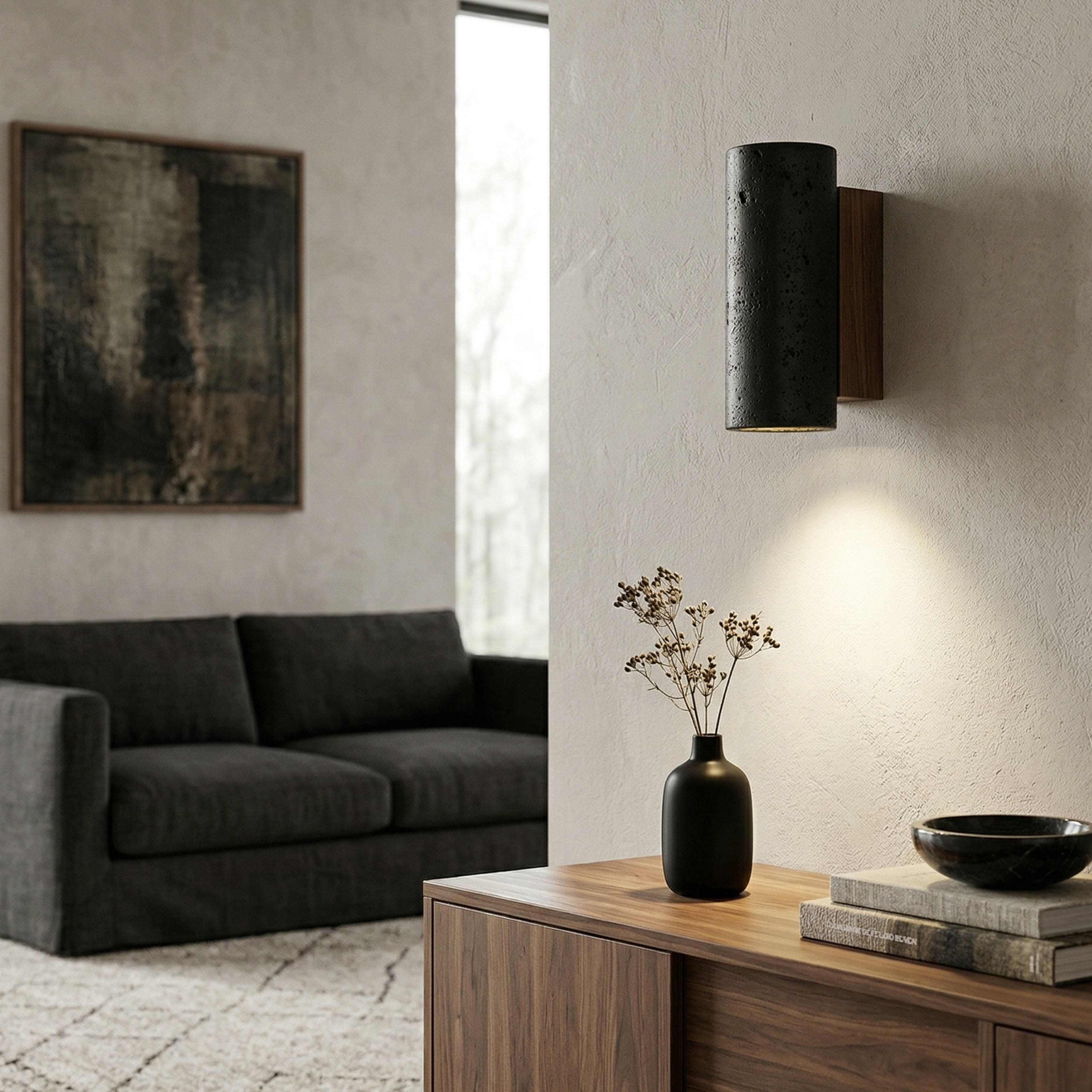Contemporary Black Stone Wall Light With Ambient LED