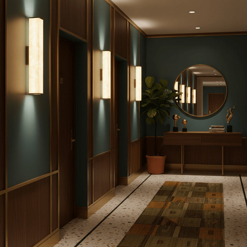 Applique da parete in ottone con LED e paralume in alabastro per interni moderni
