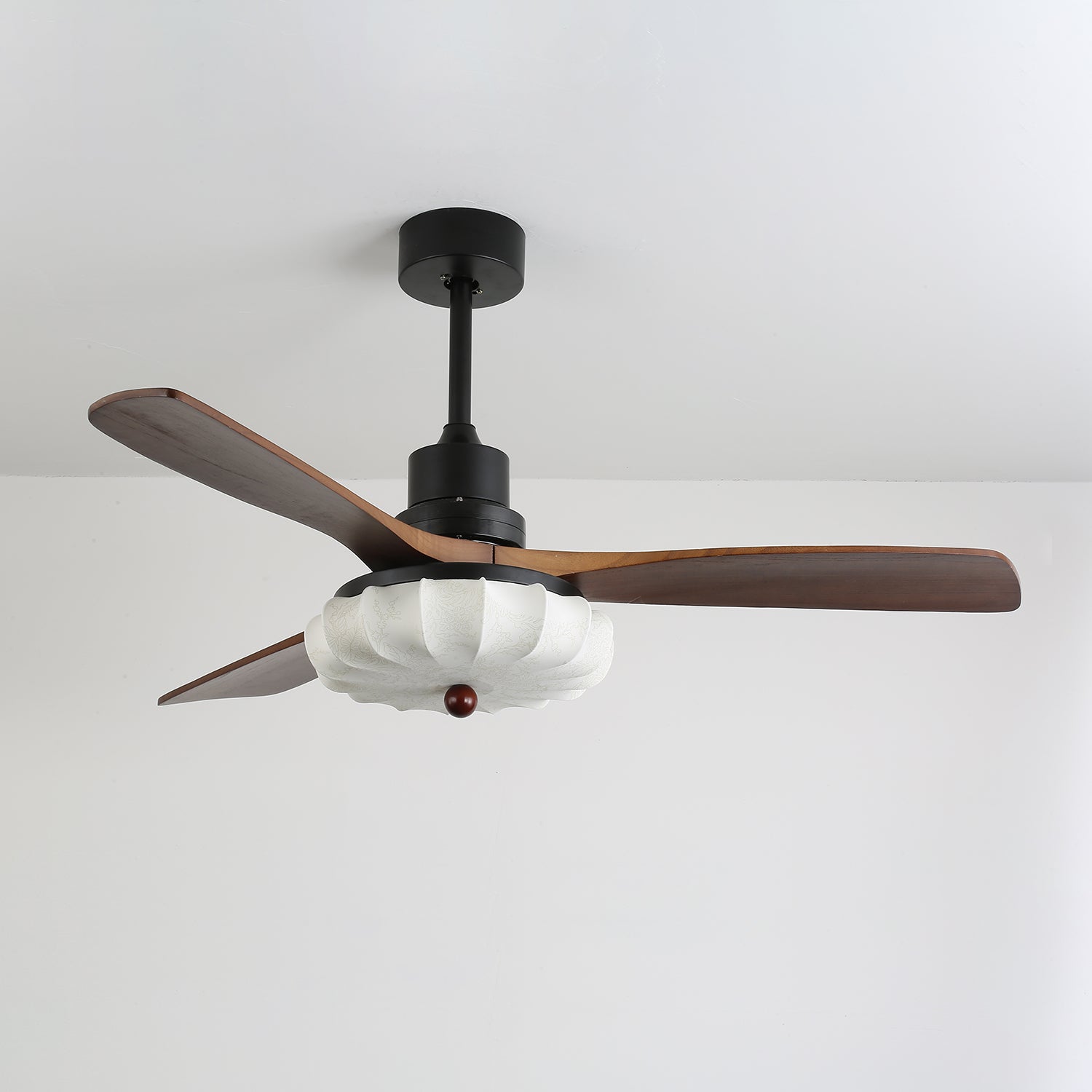 Contemporary Ceiling Fixture With Fabric Shade And Height-Adjustable Walnut Look