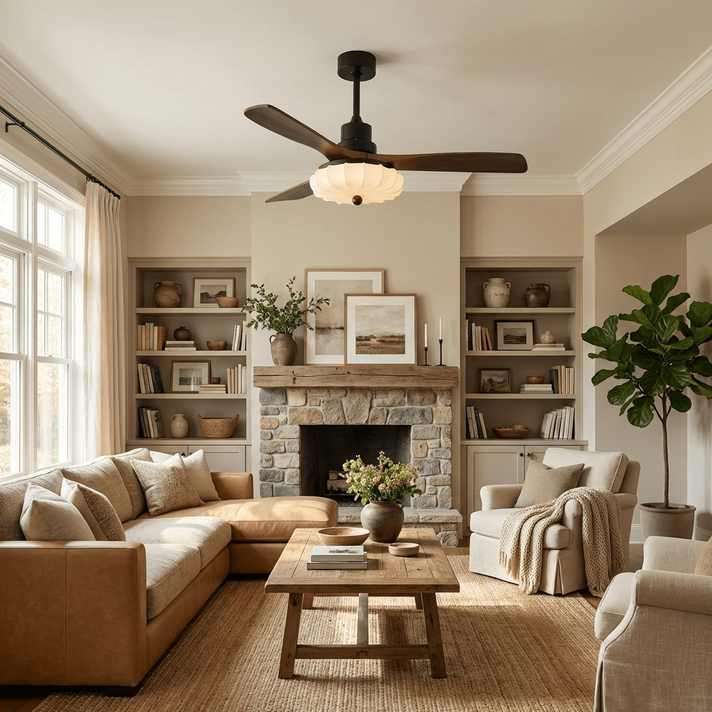 Contemporary Ceiling Fixture With Fabric Shade And Height-Adjustable Walnut Look