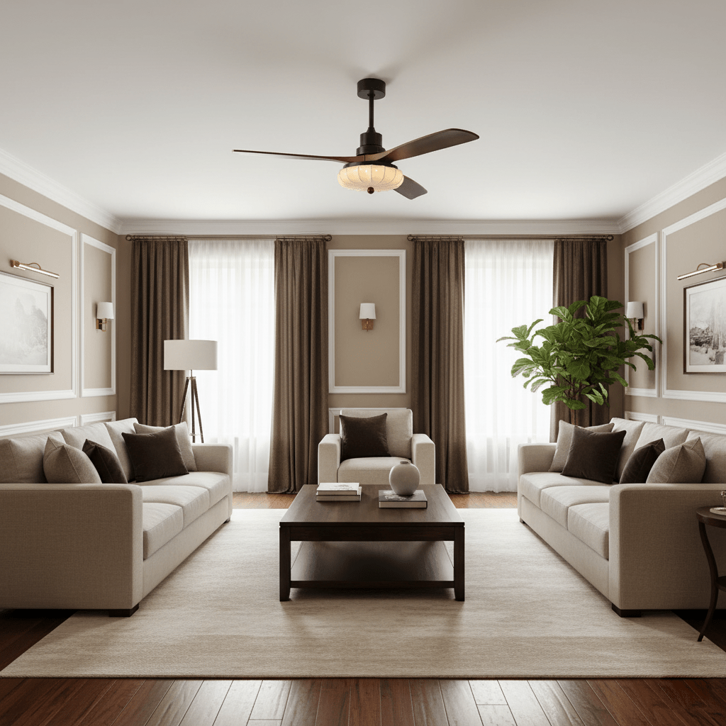 Contemporary Ceiling Fixture With Fabric Shade And Height-Adjustable Walnut Look