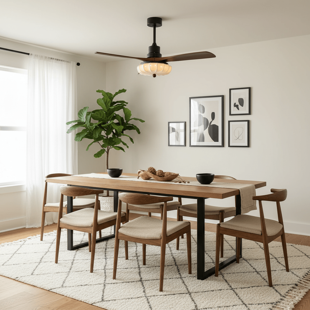 Contemporary Ceiling Fixture With Fabric Shade And Height-Adjustable Walnut Look