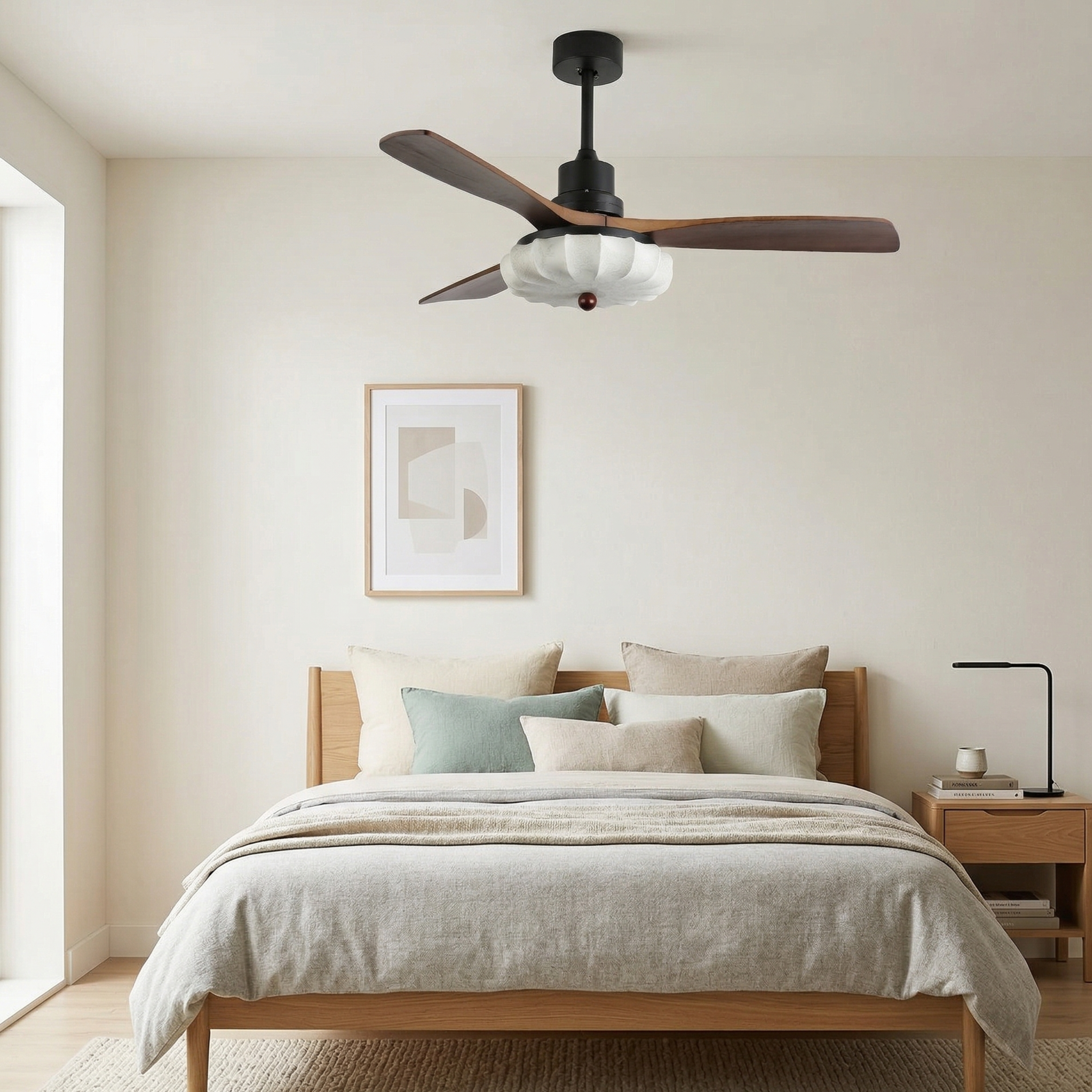 Contemporary Ceiling Fixture With Fabric Shade And Height-Adjustable Walnut Look