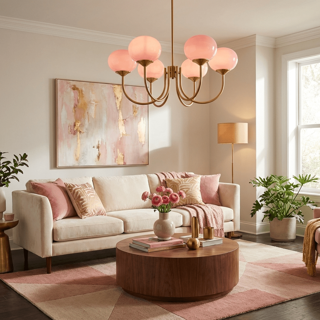 Gold Finish Chandelier With Glass Shades Adjustable Height Lighting Fixture | Meowbutter