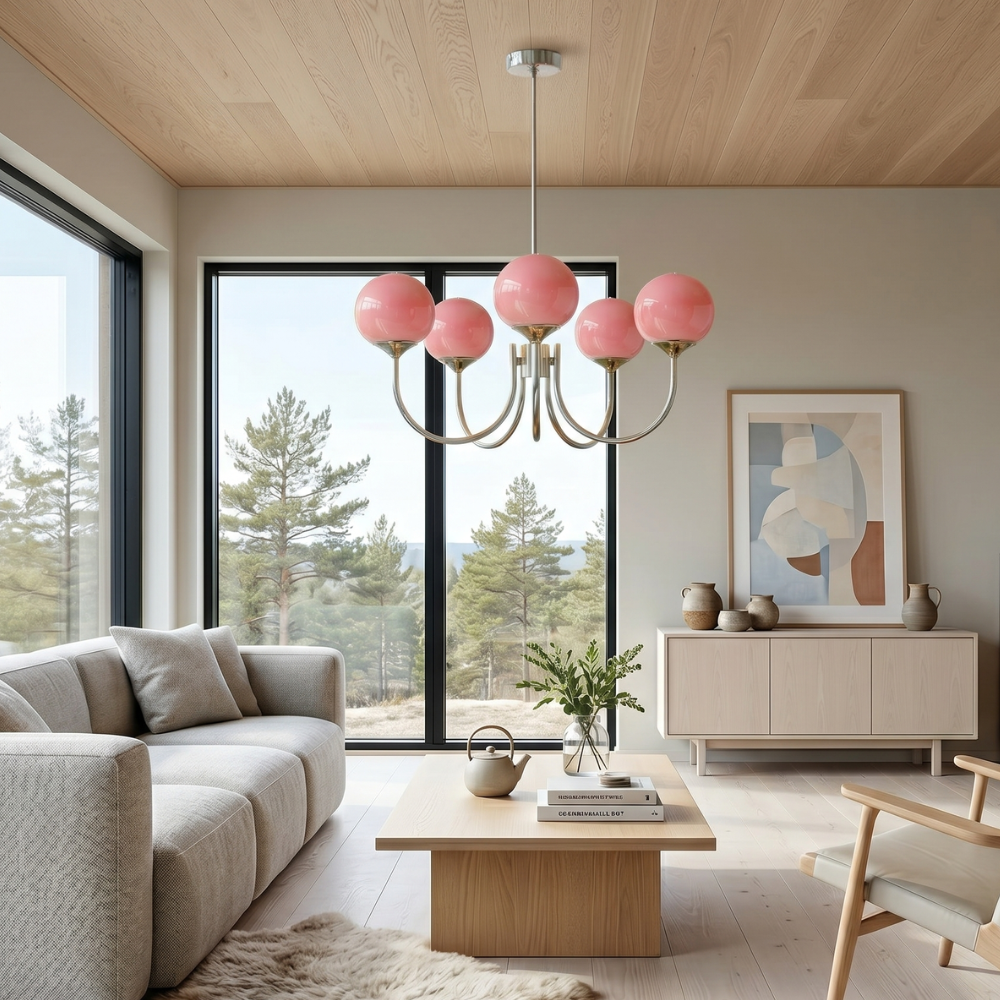 Gold Finish Chandelier With Glass Shades Adjustable Height Lighting Fixture | Meowbutter