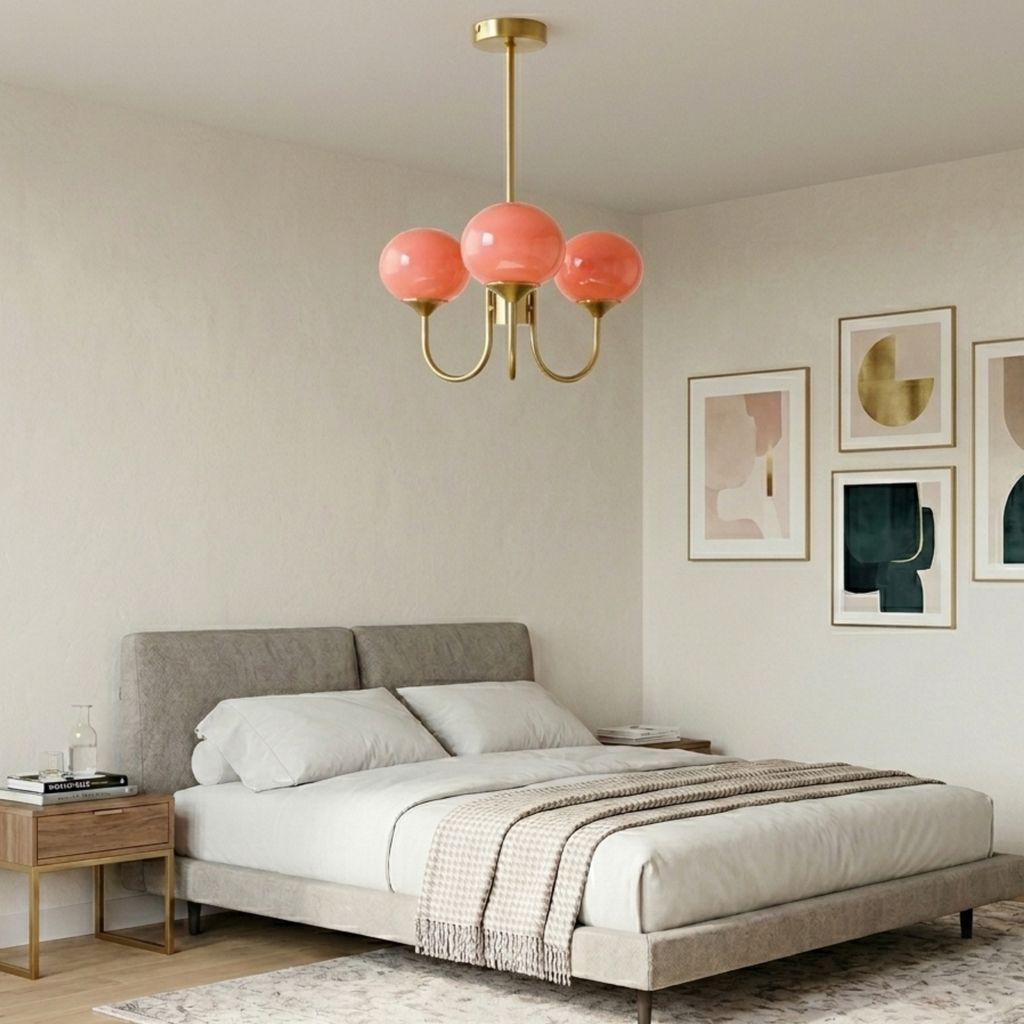 Gold Finish Chandelier With Glass Shades Adjustable Height Lighting Fixture | Meowbutter