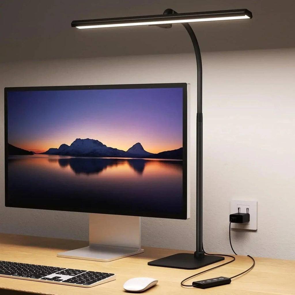 Schreibtischlampe mit weißem mattiertem Glas und schwanenhalsförmigem Arm, dimmbares Licht