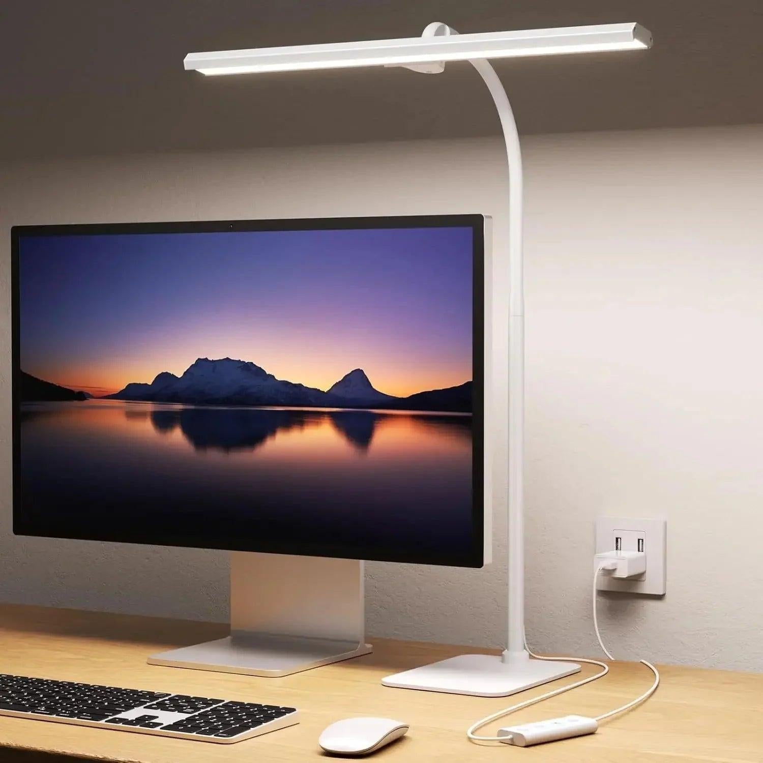 Schreibtischlampe mit weißem mattiertem Glas und schwanenhalsförmigem Arm, dimmbares Licht