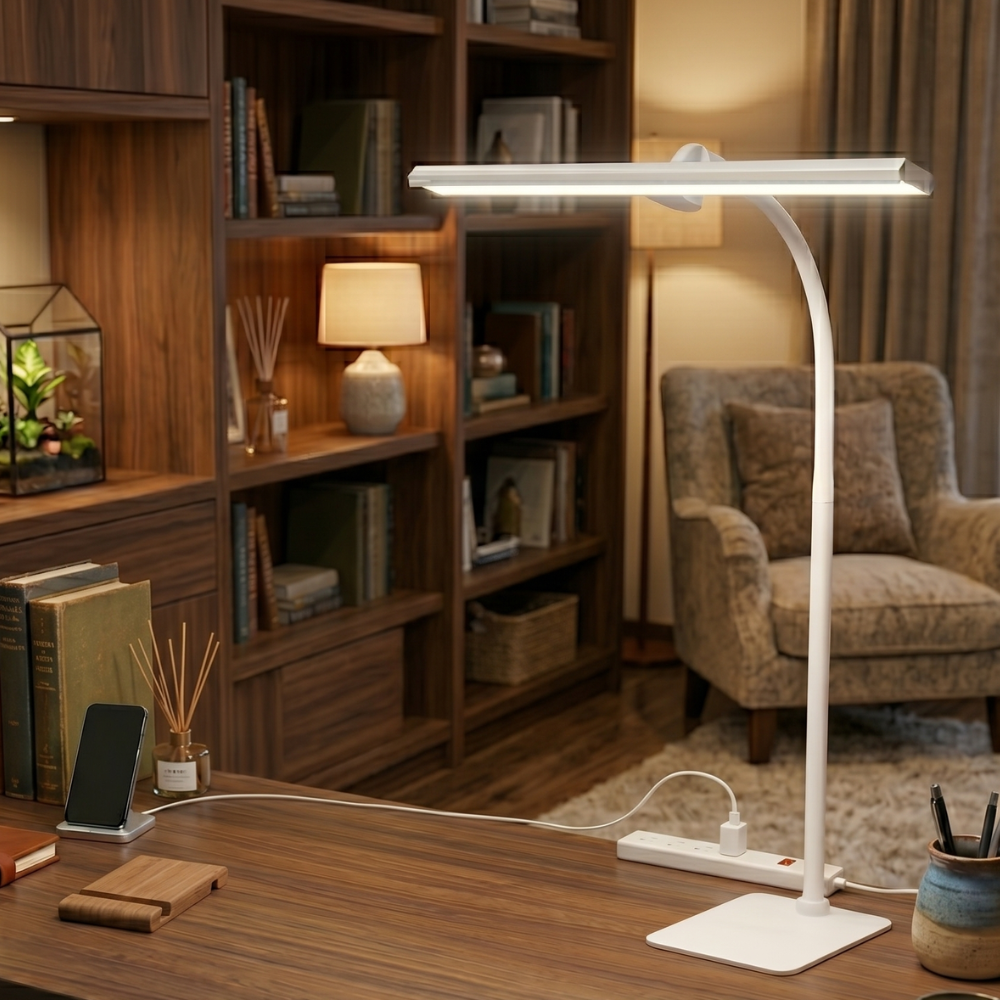 Schreibtischlampe mit weißem mattiertem Glas und schwanenhalsförmigem Arm, dimmbares Licht
