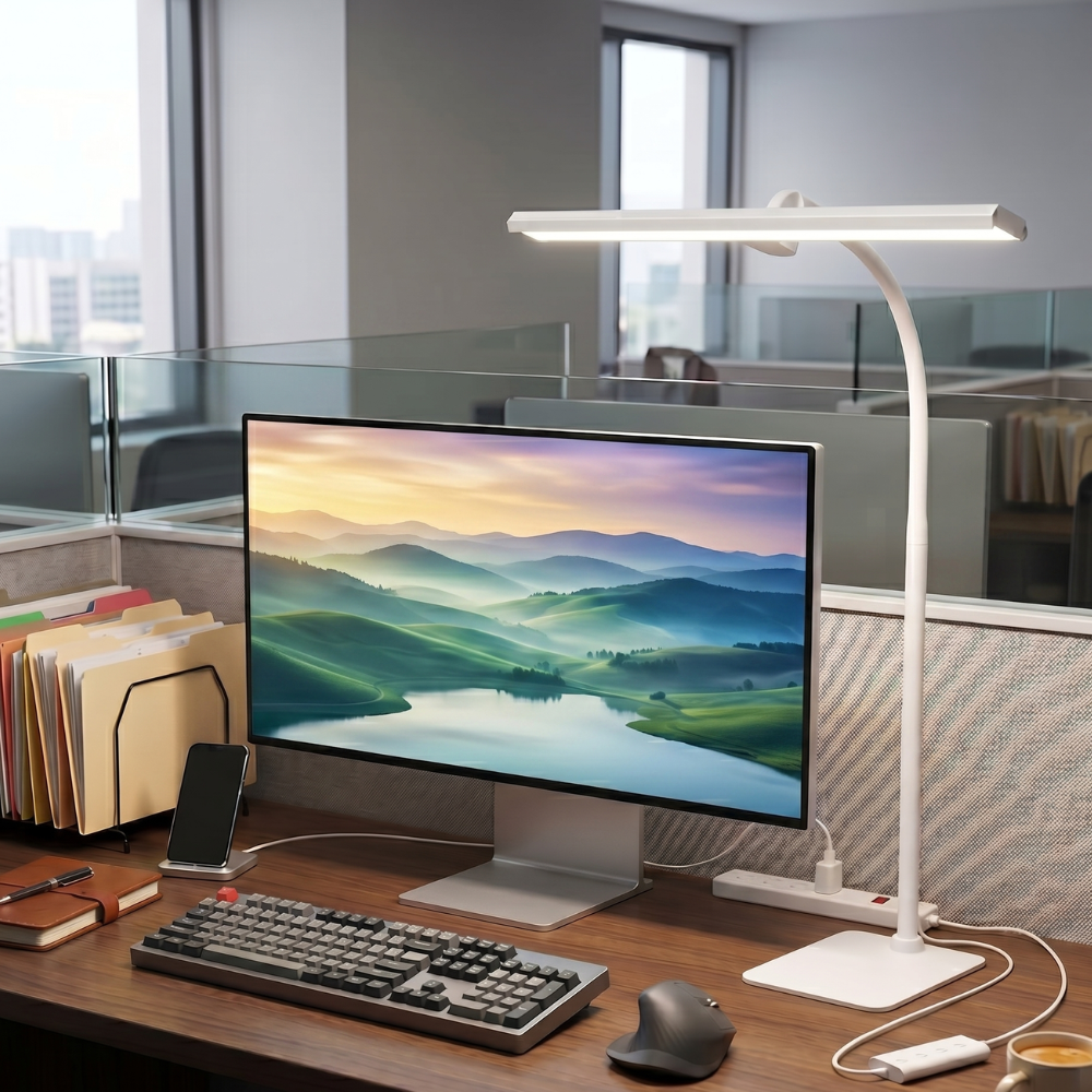Schreibtischlampe mit weißem mattiertem Glas und schwanenhalsförmigem Arm, dimmbares Licht