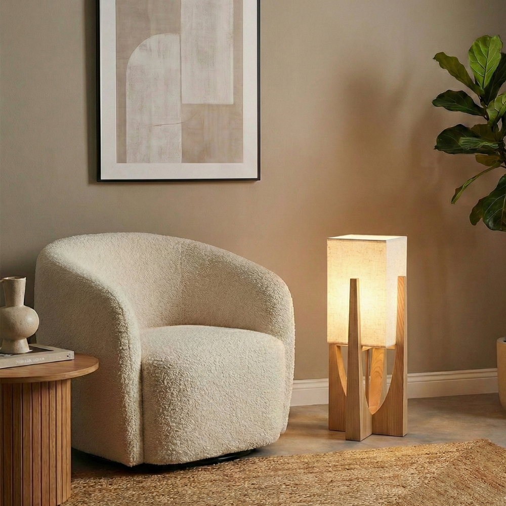 Wabi Sabi Floor Lamp With Fabric Shade And Wooden Base For Living Room | Meowbutter